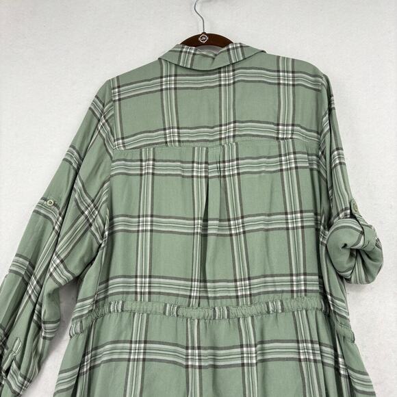 Torrid Shirt Dress Size 2X Olive Green Plaid Drawstring Waist Roll Tab Sleeves - Picture 7 of 12